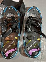 Pair of Chinook Trekker 22 snowshoes with black straps, blue and black aluminum frame, and mounting plate, with carrying case visible underneath.