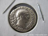 Obverse of silver denarius in cardboard holder, bust of Nerva facing right with surrounding legend