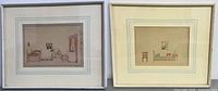 Overall view of both framed artworks showing bedroom scenes with beds and chairs