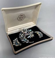 Brooch and earrings set displayed in original velvet-lined box with Sherman logo