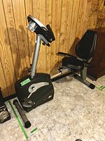 Side angle photo showing the Schwinn 213 recumbent exercise bike with adjustable padded seat and foot pedals.
