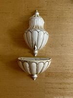 Italian pottery water fountain top and bottom pieces shown flat on fabric surface, displaying size and glaze details