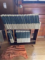 World Book encyclopedia set volumes arranged on a wooden bookshelf, showing the spines of the books with blue and cream covers and gold detailing.