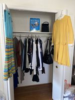 Closet with hanging women’s clothing including a turquoise striped dress, various dresses, blouses, and purses on side shelves as well as boxed Kozy Wrap product.