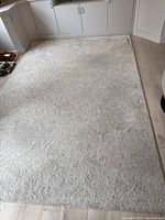 Top view showing full area rug placed on a light hardwood floor under white cabinetry.