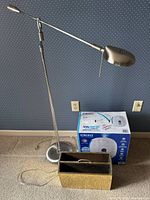 Side view of all three items together showing the lamp, humidifier box, and magazine rack