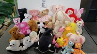 Wide shot showing all the assorted stuffed animals and Beanie Babies gathered on a table, featuring bears, Raggedy Ann dolls, orca, piglet, duck, and more in varied sizes and colors.