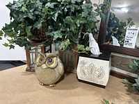 Photo showing ceramic owl, faux ivy plants in baskets, and embossed tissue box holder on table in front of mirror.