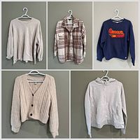 Collage overview of all five sweaters hung on wall