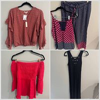 Collage showing all five clothing items on hangers