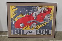 Framed poster showing a red vintage car with flames and two figures, the text 'BIL AKTIE BOL' below.