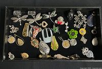 Top-down view showing the full assortment of costume pendants arranged in a black tray, featuring a mix of animal, floral, and geometric designs in silver-tone and enamel finishes.
