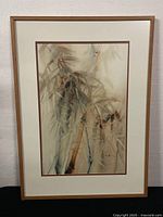 Full view of framed painting showing bamboo motif and wood frame