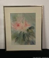 Framed watercolor painting featuring pink azalea flowers with leaves in soft watercolor style, signed by Ruth Yamada.