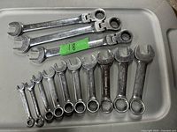 Photo showing 14 combination wrenches arranged on a tray, including three longer wrenches and 11 shorter ones in various sizes.