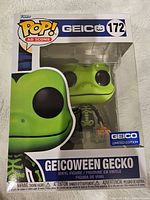 Photo of the new in box GEICOWEEN Gecko Funko Pop figure, sealed in original packaging showing front and side of the box with branding and figure visible.
