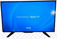 Front view of Insignia 39-inch Roku Smart TV powered on showing startup screen.