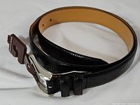 Black textured leather belt laid in circle on white background showing silver buckle.