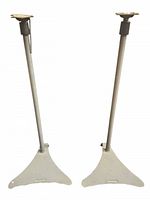 Pair of adjustable speaker stands with triangular bases viewed from the front on a white background.
