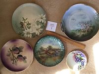 Five decorative plates arranged on beige surface, showing various handpainted designs including country scenes, floral motifs, and fruit designs.