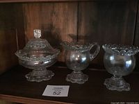 Set of three clear glass pedestaled pieces: candy dish with lid, creamer, and sugar bowl