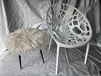 Photo showing the full view of the white plastic chair with branch design along with the furry cushioned stool.