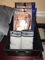 Box with two packages of Stanfield's briefs and two pairs of grey Champion boxer briefs with logo waistband.