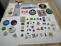 Photo showing an assortment of 57 pins and embroidered patches arranged on a flat surface, with various sizes and themes including Canadian symbols and university logos.