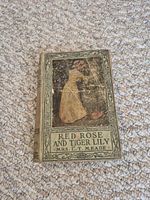 Front cover of 'Red Rose and Tiger Lily' hardcover book showing a vintage illustrated girl in a yellow dress holding flowers, with decorative border and title text.