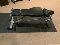 Full side view of bench on rubber mat showing overall structure and condition