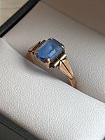 Side profile of ring showing aquamarine and gold band detailing