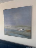 Full view of the unsigned oil painting showing the moored boat scene in calm waters under a blue gray sky.