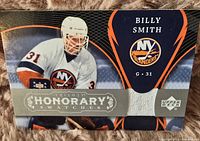 Front of the Billy Smith 2007-08 Upper Deck Trilogy Honorary Swatches jersey card with embedded white fabric piece.
