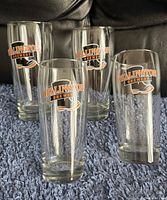 Photo showing set of 4 Wellington Brewery draft glasses arranged on textured carpet surface.