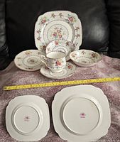 Full front view of Royal Albert Petit Point china set showing floral pattern on plates, bowl, teacup and saucer, measuring tape for scale