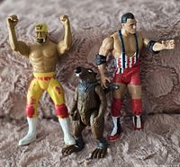 Photo of three action figures: two WWE/WWF wrestlers and a TMNT Splinter figure on a textured surface.