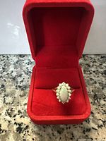 Front view of ring showing oval opal center and round halo stones in red display box