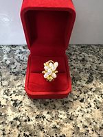 Ring displayed in red velvet jewelry box from front