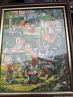 Front view of framed colorful cartoon-style artwork with anthropomorphic characters conducting pharmaceutical research in an outdoor setting with lab equipment, signed by C.R. Batchelor, dated 1986.