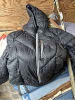 Front view of black quilted synthetic jacket with hood, diagonal zipper, and zippered chest pocket.