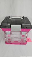 Closed shot of the Options plastic organizer box showing the front with gray latch and pink bottom edge.