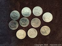 10 Canadian 1 dollar coins arranged showing the obverse side featuring Queen Elizabeth II's profile.