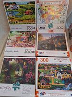 Six 300-piece puzzles arranged in two rows, featuring various scenic and themed images.