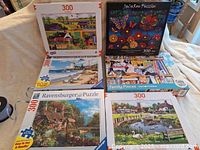 Photo showing all six puzzle boxes arranged on a couch. Each box is for a 300-piece puzzle from Ravensburger and JaCaRou, featuring colorful artwork.