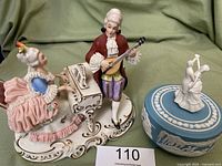 Front angle of Dresden figurine and Franklin Mint music box showing woman at piano and man with mandolin