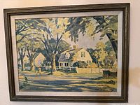 Full view of the framed original painting showing a tree-lined suburban street scene in yellow and green tones.
