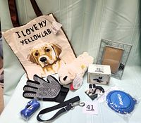 Full lot showing all items including the canvas tote bag with a yellow lab image, plush lamb dog toy, grooming glove, dog leash, waste bags, collapsible bowl, Border Collie figurine, and photo frame.