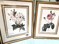 Photo showing both framed rose botanical prints with one featuring white roses and the other pink roses, highlighting the ornate gold frames and matting.