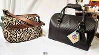 Photo of Ashley Cooper brown woven vinyl bag and John Romain tapestry shoulder bag side by side