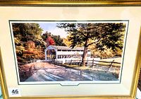 Full view of framed Knox Bridge Autumn picture showing gold frame and double matting around the artwork depicting the covered Knox Bridge in autumn colors.